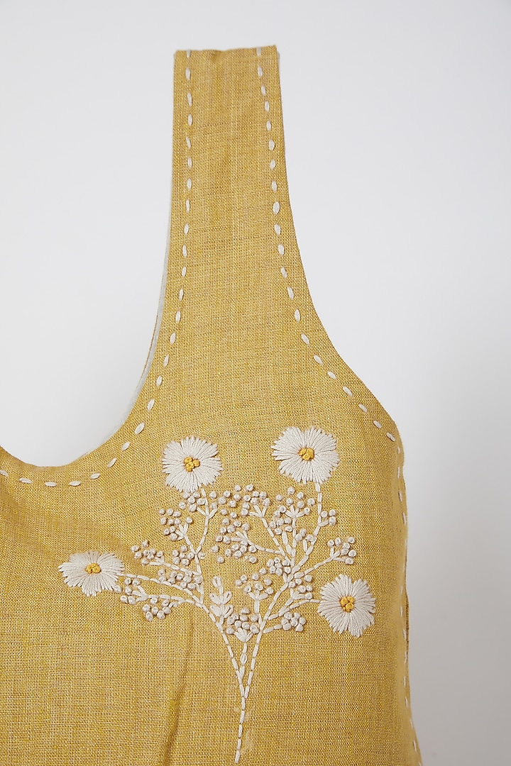 Mustard Embroidered & Pleated Handbag by Linen Bloom at Pernia's Pop Up Shop