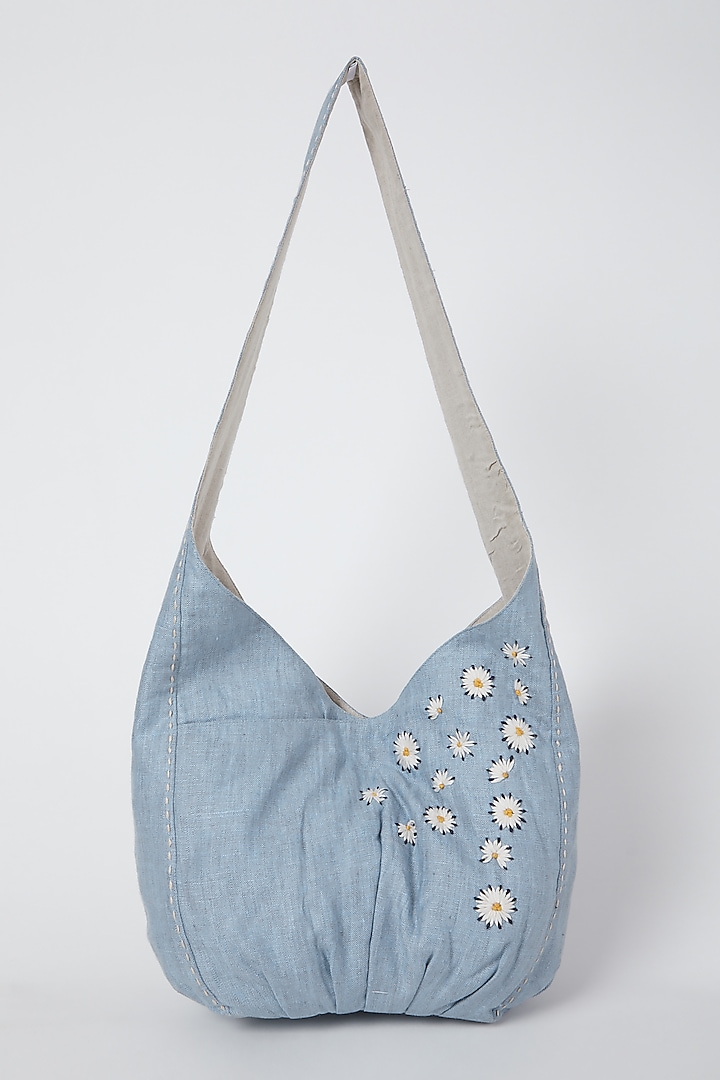 Sky Blue Hand Embroidered Handbag by Linen Bloom at Pernia's Pop Up Shop