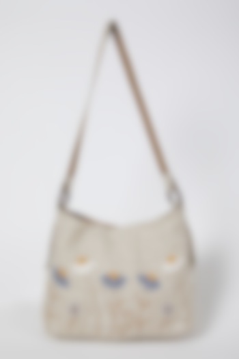 Beige Checkered & Embroidered Handbag by Linen Bloom