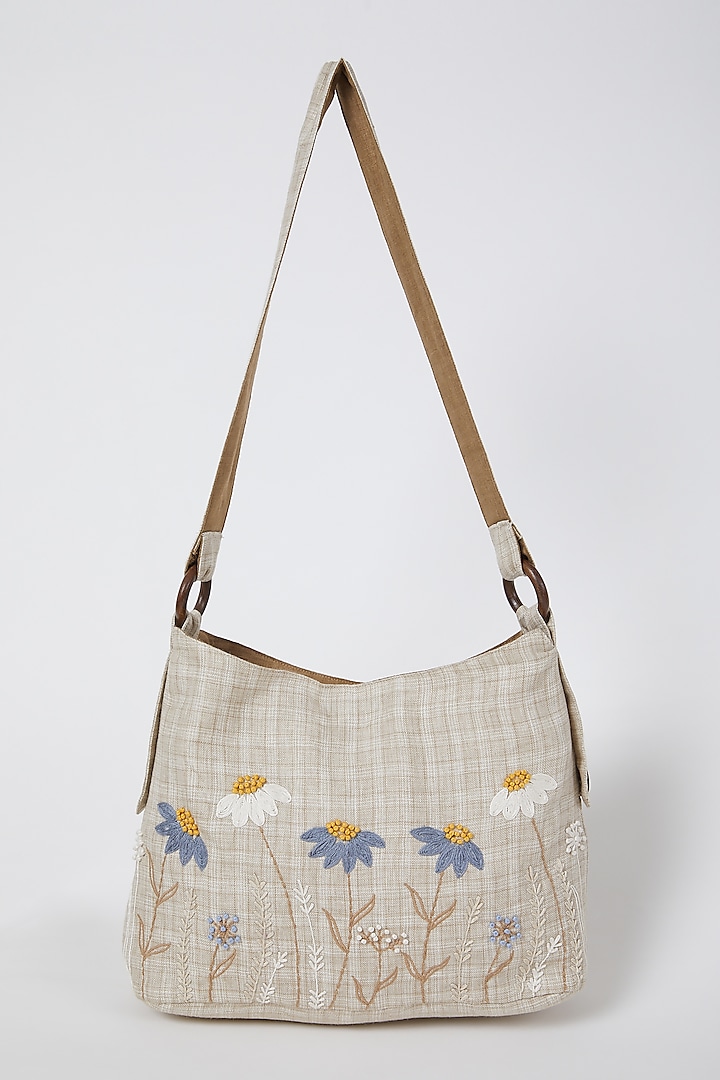 Beige Checkered & Embroidered Handbag by Linen Bloom