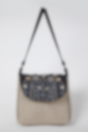 Beige Embroidered Handbag With Contrast Flap by Linen Bloom