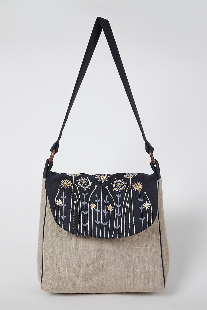 Beige Embroidered Handbag With Contrast Flap by Linen Bloom