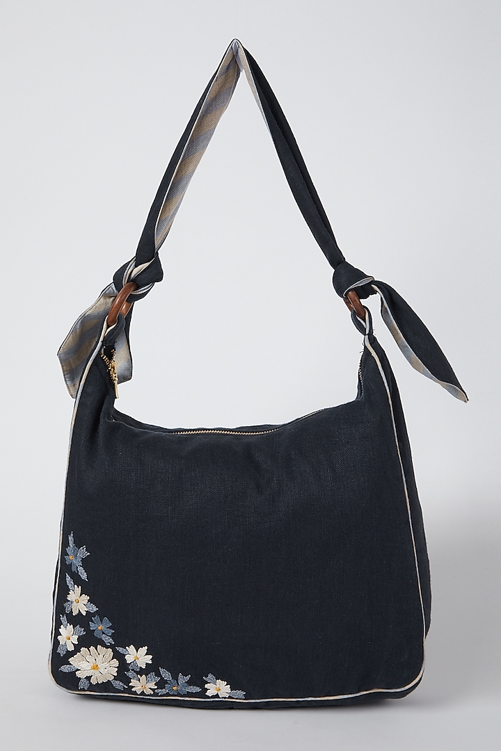 Cobalt Blue Floral Embroidered Handbag by Linen Bloom