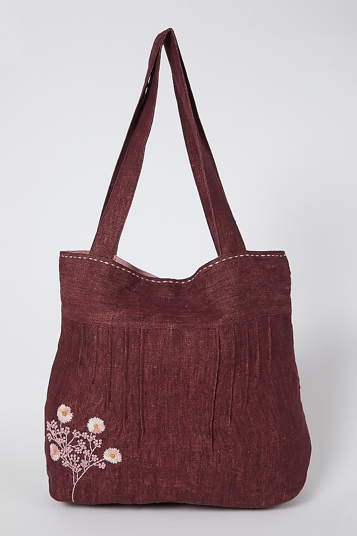 Maroon Floral Embroidered Handbag by Linen Bloom