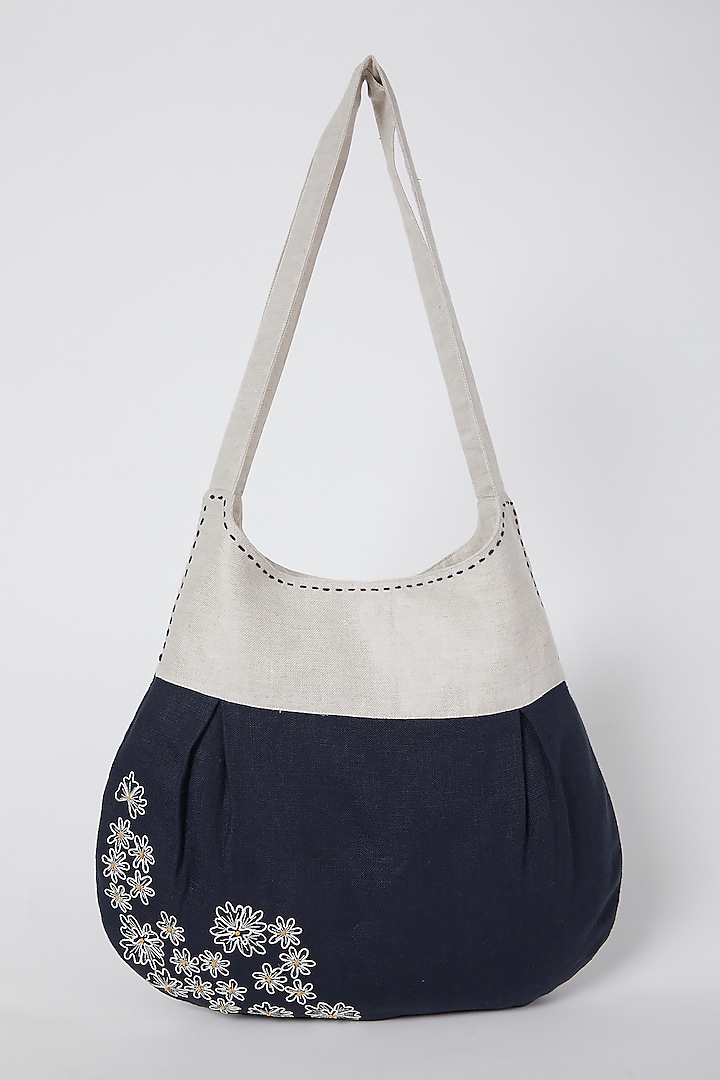 Beige Floral Embroidered Handbag by Linen Bloom