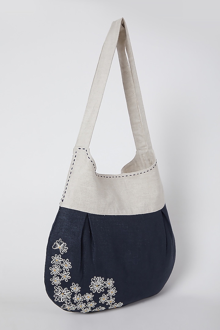 Beige Floral Embroidered Handbag by Linen Bloom at Pernia's Pop Up Shop