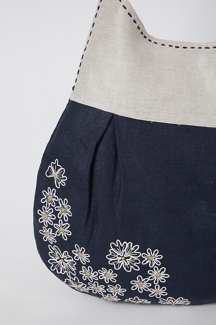 Beige Floral Embroidered Handbag by Linen Bloom at Pernia's Pop Up Shop
