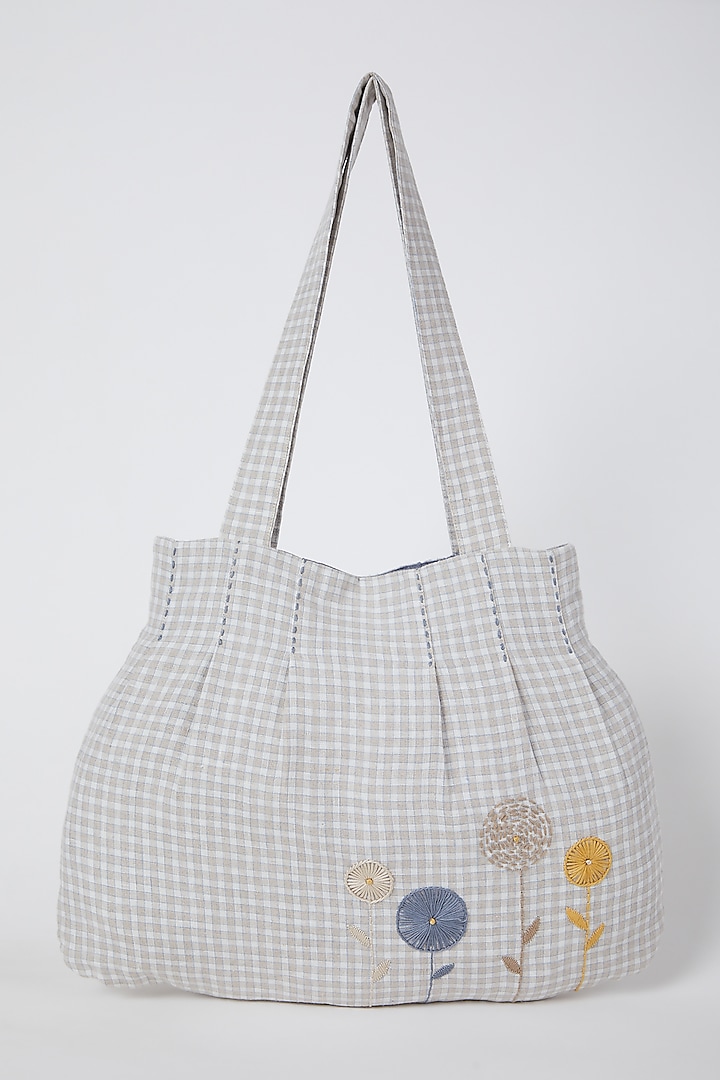 Beige Embroidered Checkered Handbag by Linen Bloom