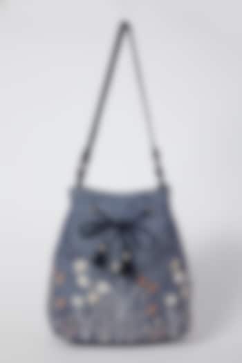 Cobalt Blue Floral Embroidered Sling Bag by Linen Bloom
