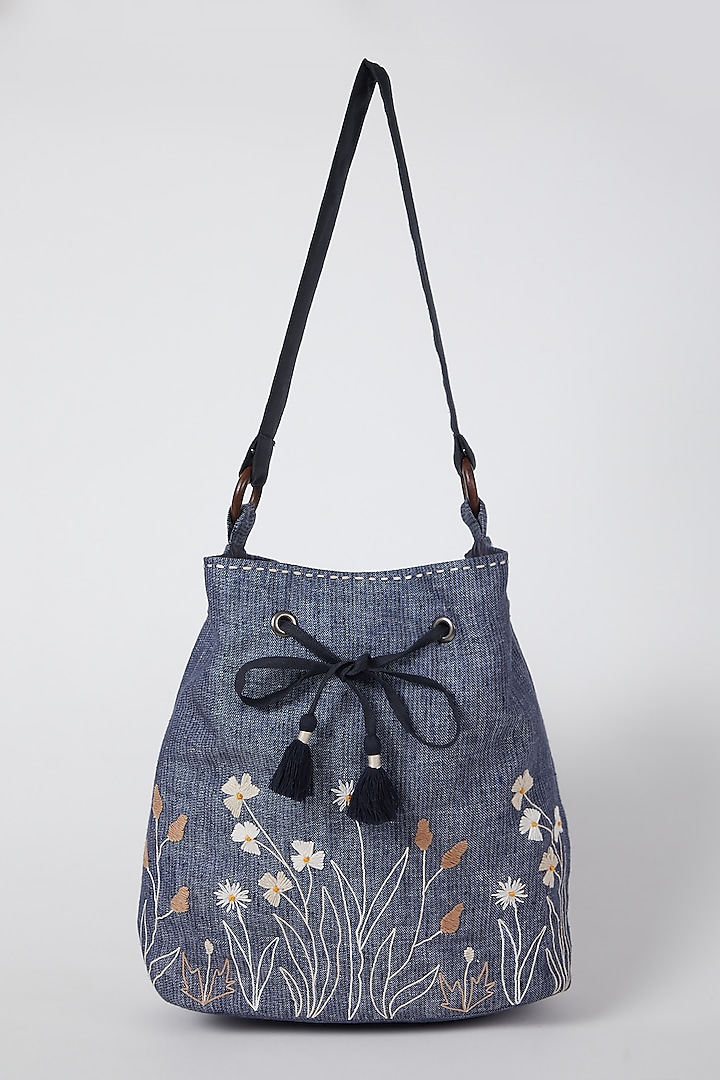 Cobalt Blue Floral Embroidered Sling Bag by Linen Bloom