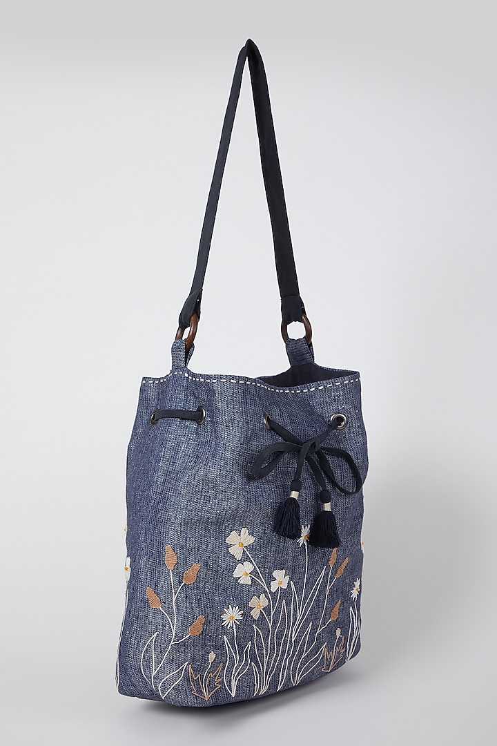 Cobalt Blue Floral Embroidered Sling Bag by Linen Bloom at Pernia's Pop Up Shop