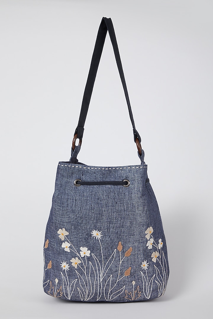 Cobalt Blue Floral Embroidered Sling Bag by Linen Bloom at Pernia's Pop Up Shop
