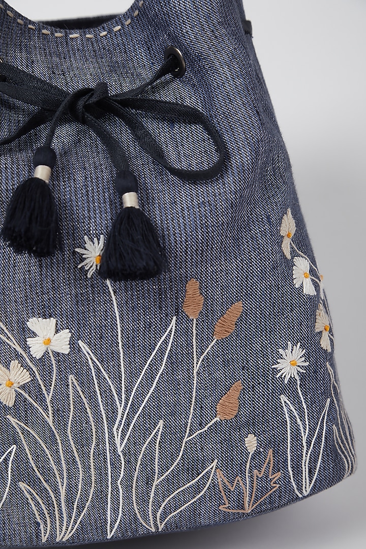Cobalt Blue Floral Embroidered Sling Bag by Linen Bloom at Pernia's Pop Up Shop