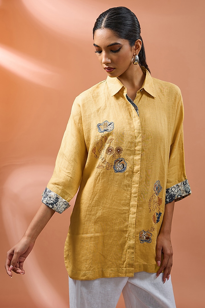 Yellow Linen Floral Embroidered Shirt by Linen Bloom at Pernia's Pop Up Shop