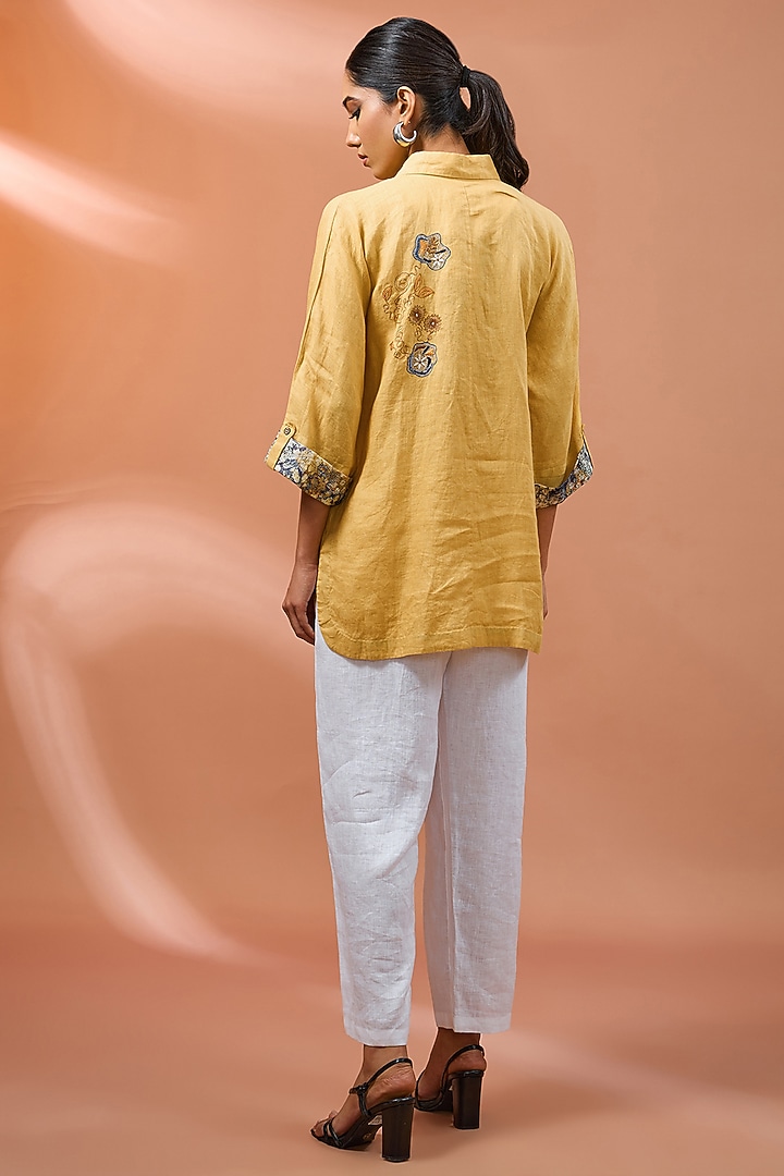 Yellow Linen Floral Embroidered Shirt by Linen Bloom at Pernia's Pop Up Shop