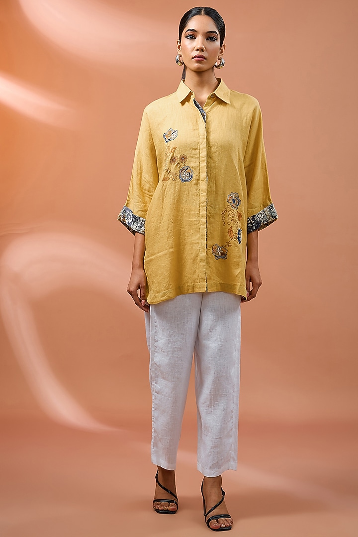 Yellow Linen Floral Embroidered Shirt by Linen Bloom at Pernia's Pop Up Shop