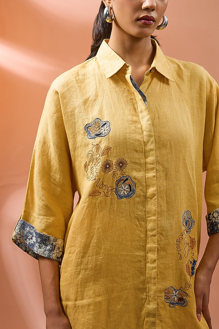 Yellow Linen Floral Embroidered Shirt by Linen Bloom at Pernia's Pop Up Shop