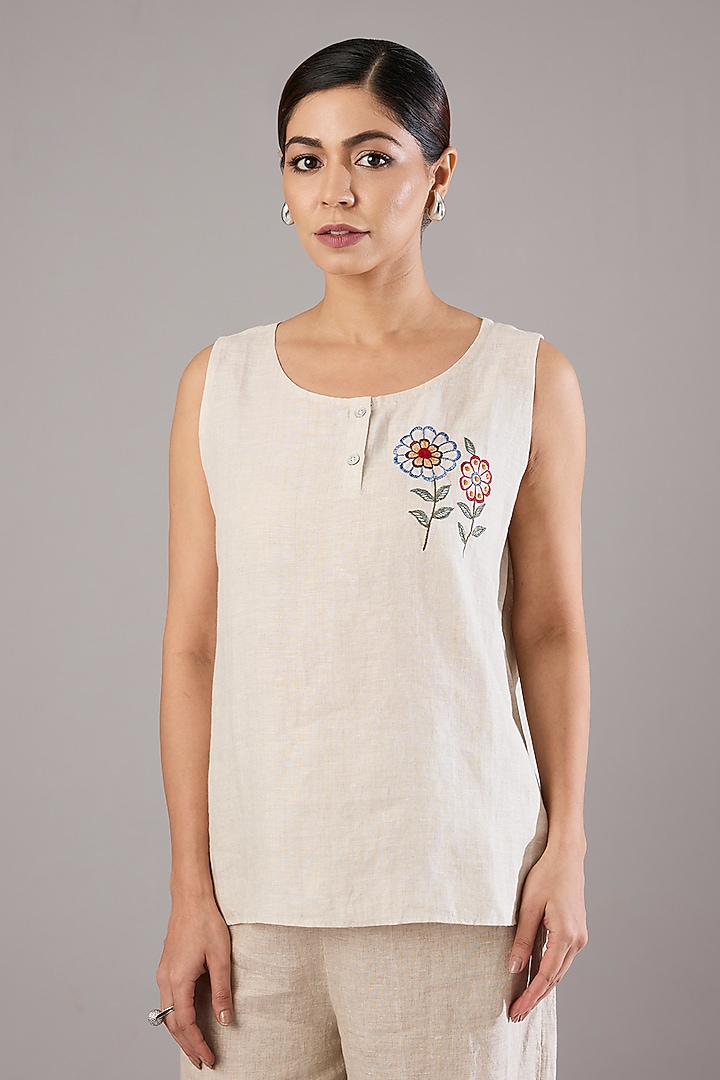 Beige Linen Embroidered Top by Linen Bloom at Pernia's Pop Up Shop