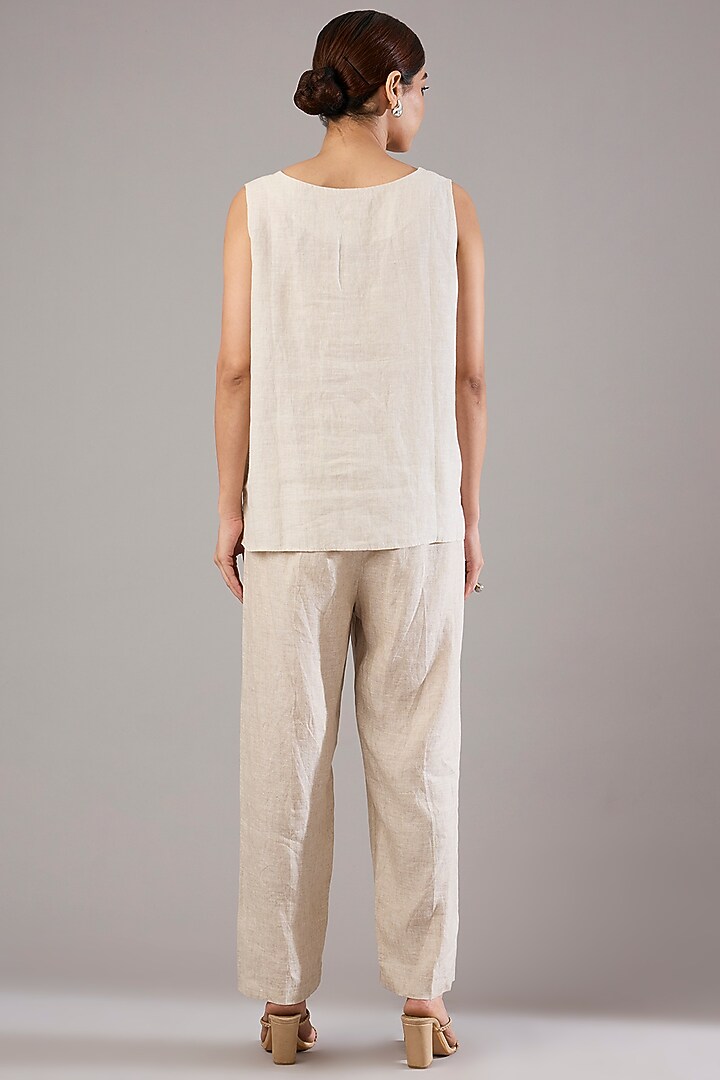 Beige Linen Embroidered Top by Linen Bloom at Pernia's Pop Up Shop