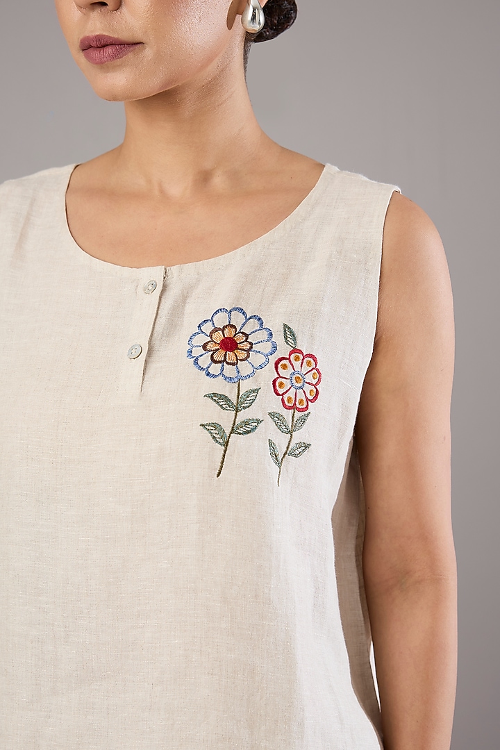 Beige Linen Embroidered Top by Linen Bloom at Pernia's Pop Up Shop