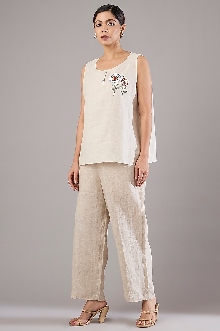 Beige Linen Embroidered Top by Linen Bloom at Pernia's Pop Up Shop