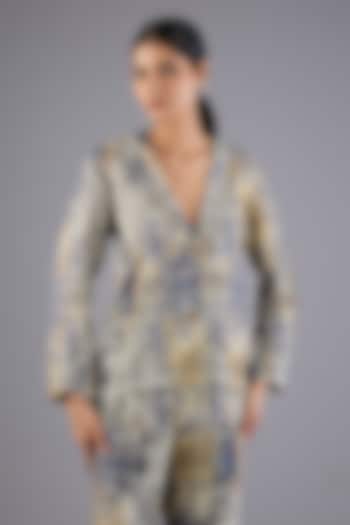 Indigo Blue Linen Printed Blazer by Linen Bloom at Pernia's Pop Up Shop