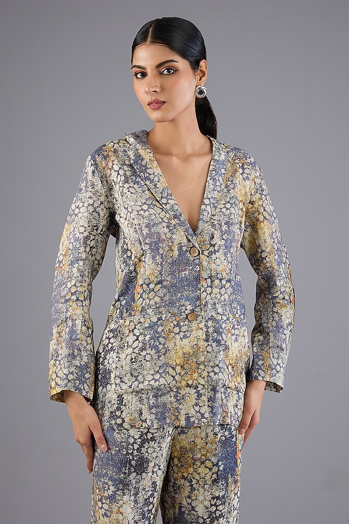Indigo Blue Linen Printed Blazer by Linen Bloom at Pernia's Pop Up Shop