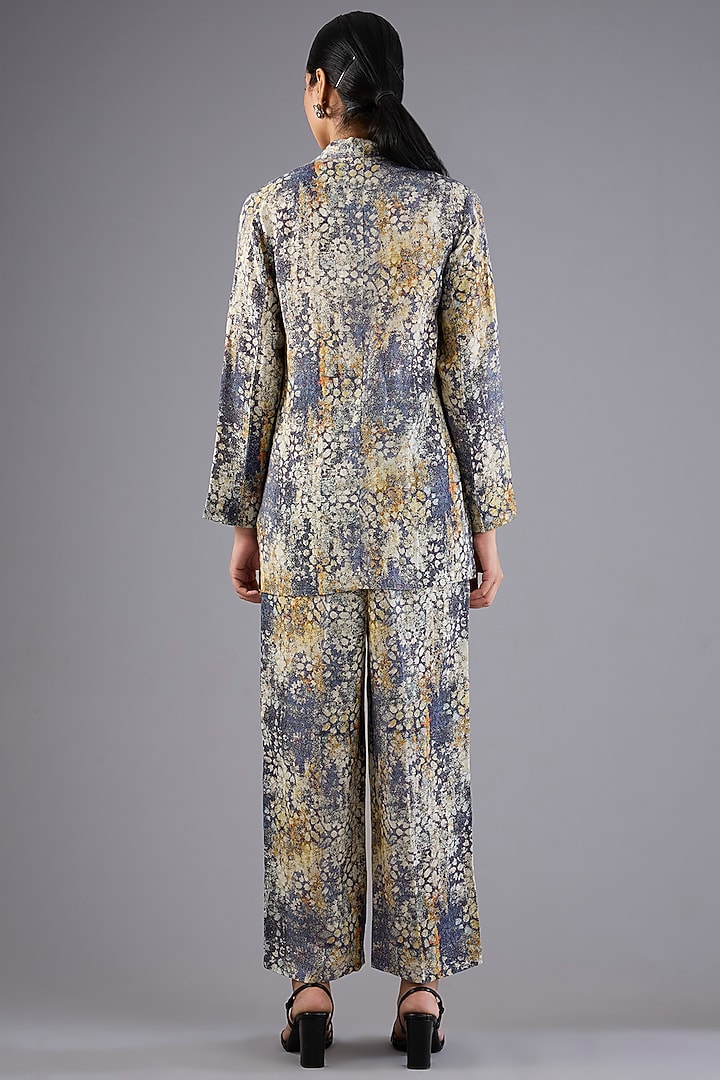 Indigo Blue Linen Printed Blazer by Linen Bloom at Pernia's Pop Up Shop