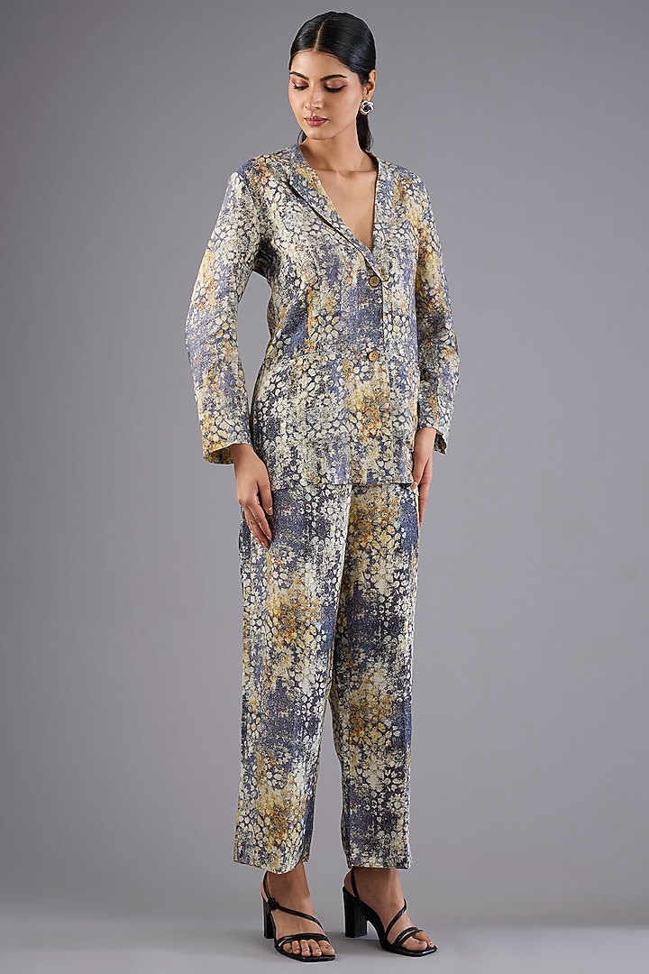 Indigo Blue Linen Printed Blazer by Linen Bloom at Pernia's Pop Up Shop