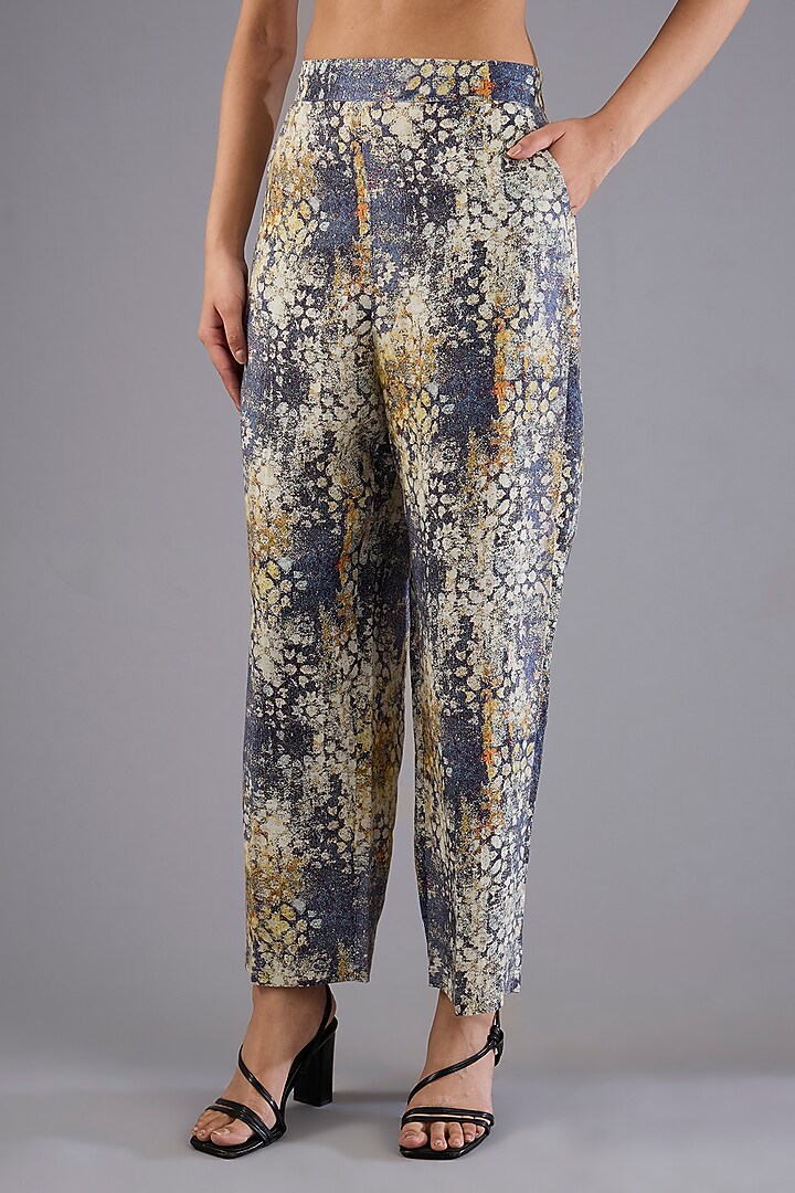 Indigo Blue Linen Printed Pants by Linen Bloom at Pernia's Pop Up Shop