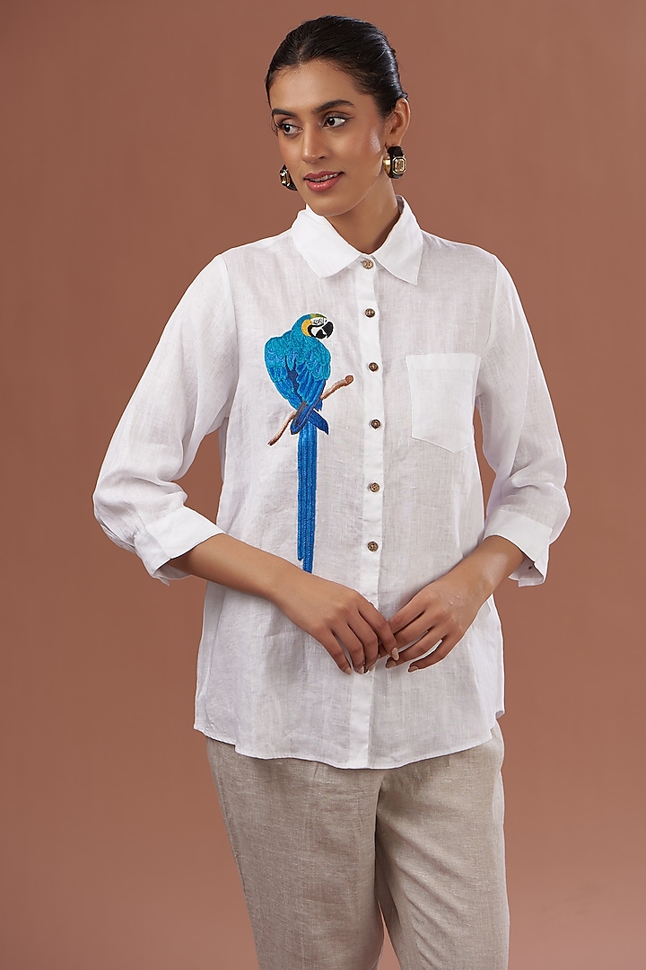 White Linen Embroidered Shirt by Linen Bloom