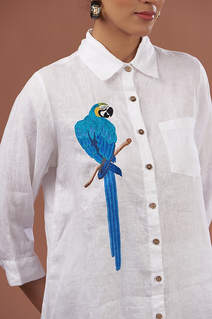 White Linen Embroidered Shirt by Linen Bloom at Pernia's Pop Up Shop
