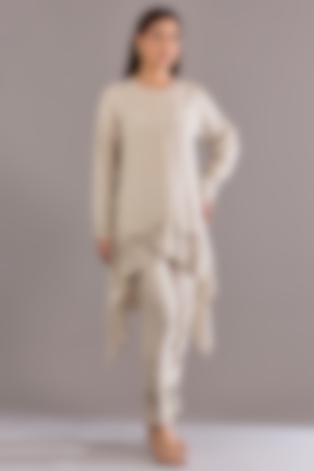Beige Linen Sequins Embroidered Tunic Set by Linen Bloom at Pernia's Pop Up Shop