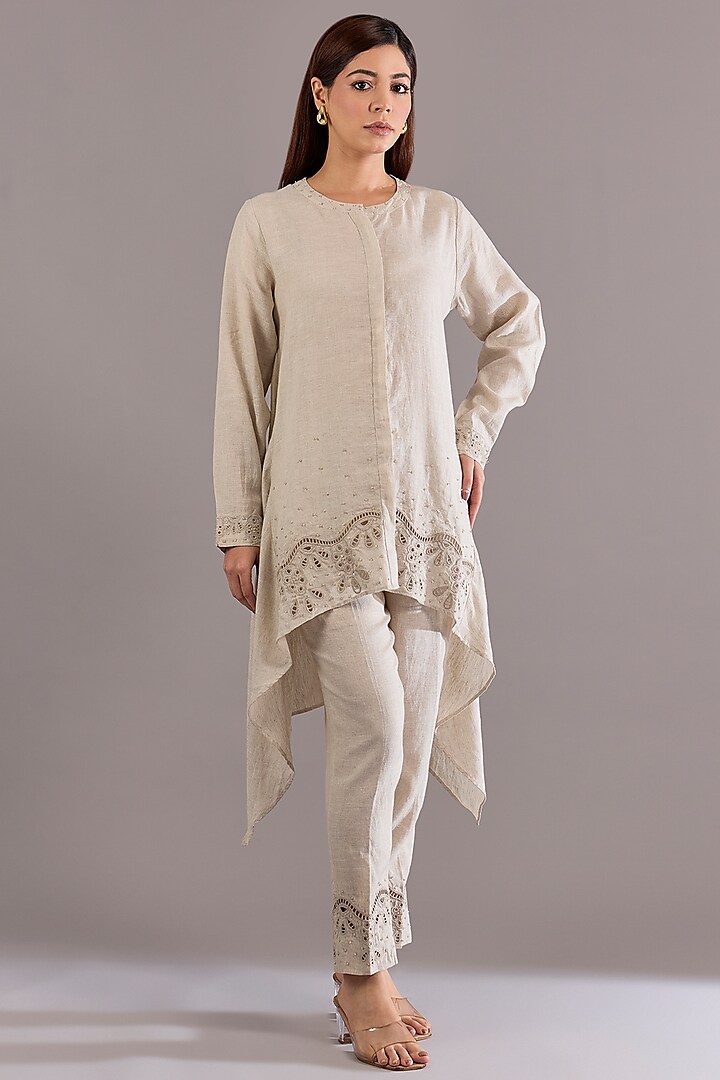 Beige Linen Sequins Embroidered Tunic Set by Linen Bloom at Pernia's Pop Up Shop