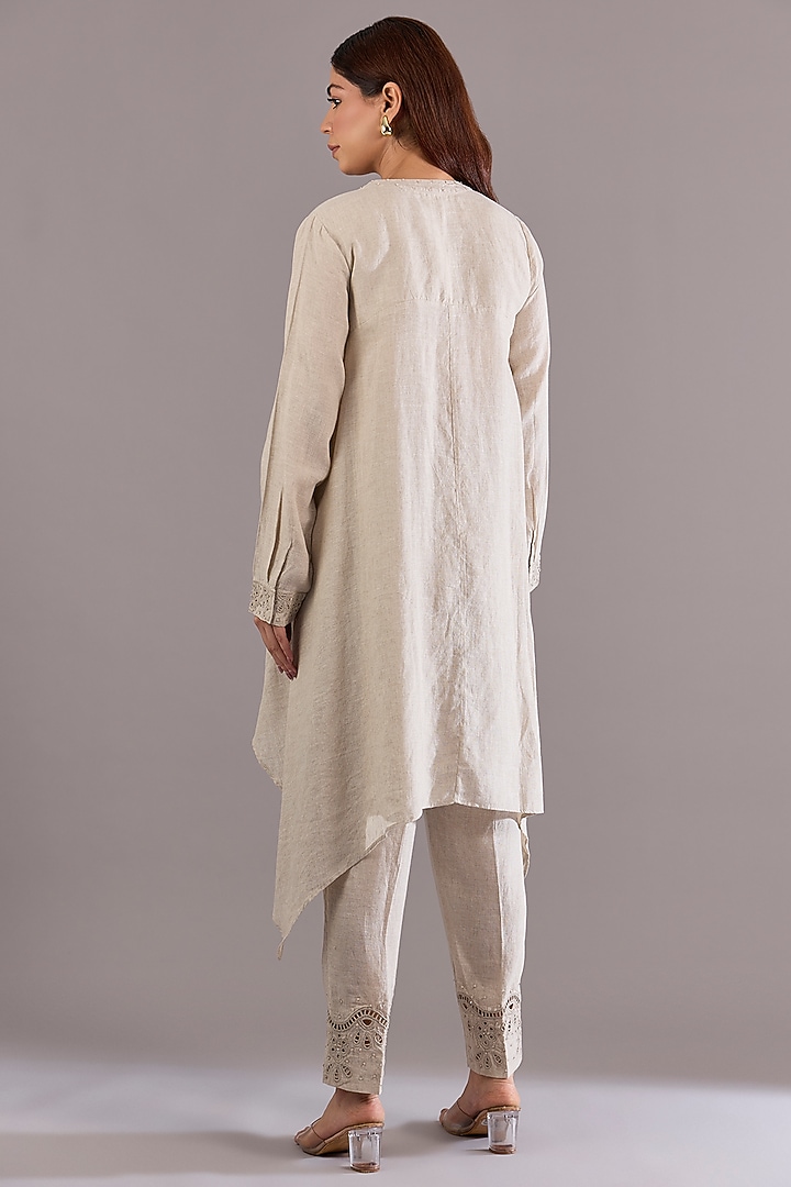 Beige Linen Sequins Embroidered Tunic Set by Linen Bloom at Pernia's Pop Up Shop