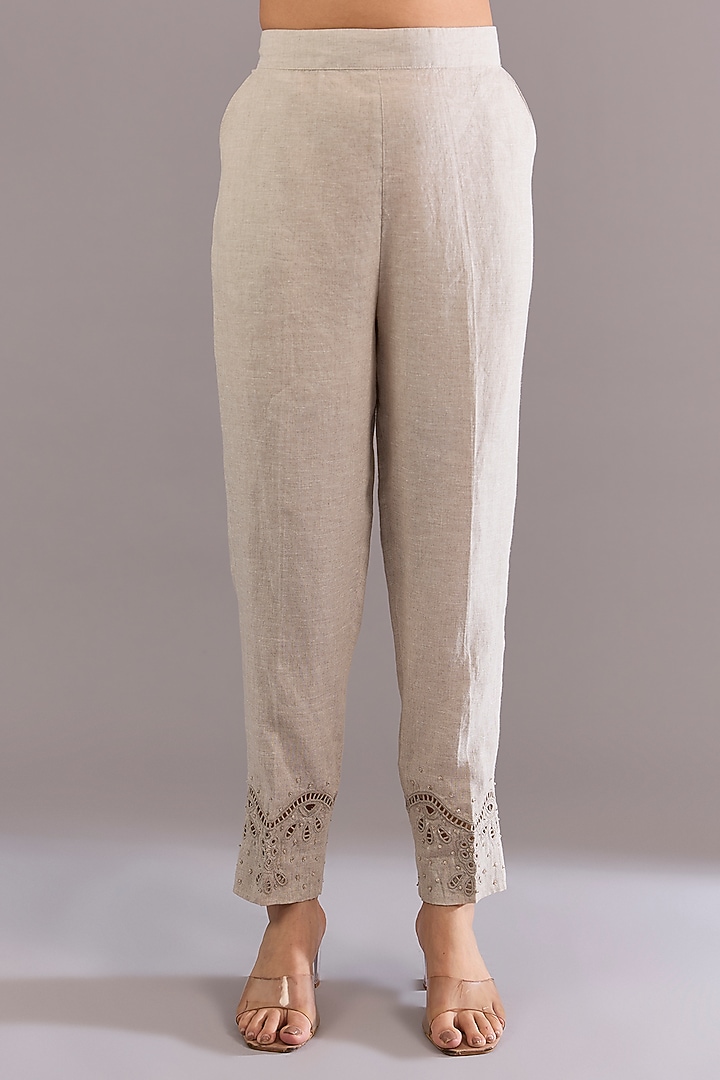 Beige Linen Sequins Embroidered Tunic Set by Linen Bloom at Pernia's Pop Up Shop