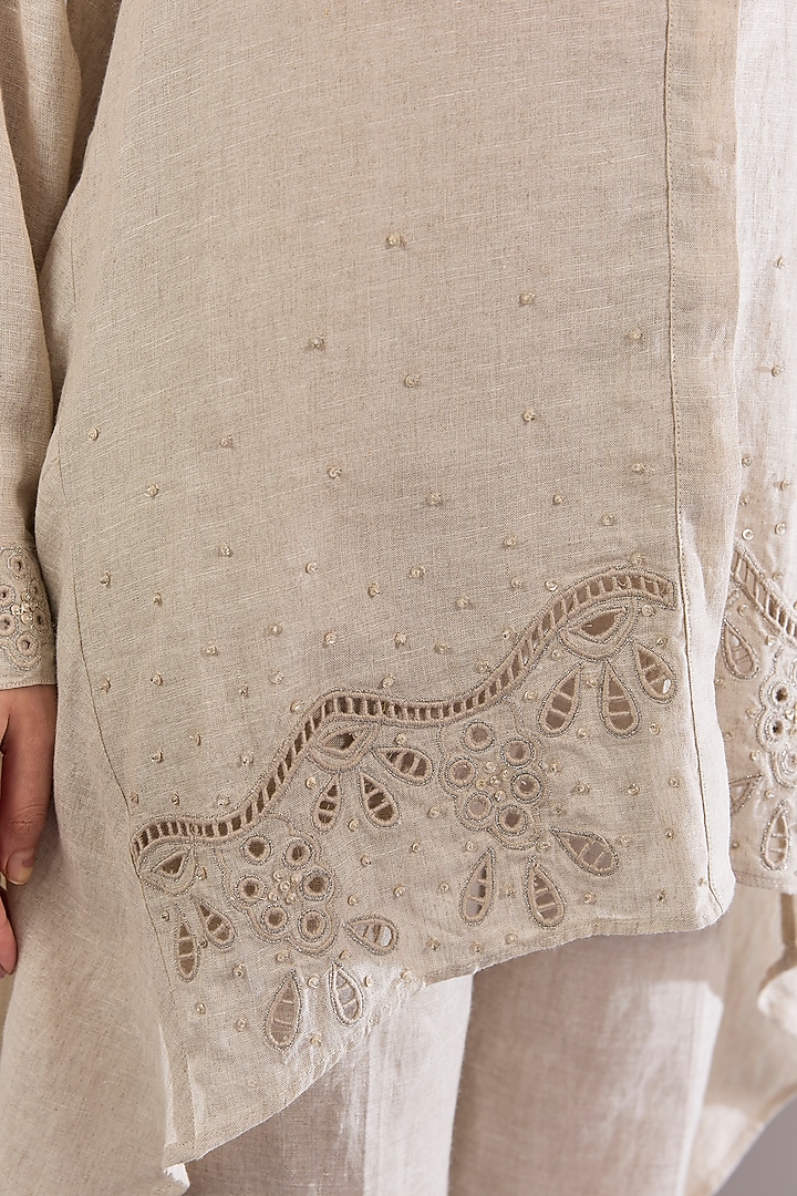 Beige Linen Sequins Embroidered Tunic Set by Linen Bloom at Pernia's Pop Up Shop