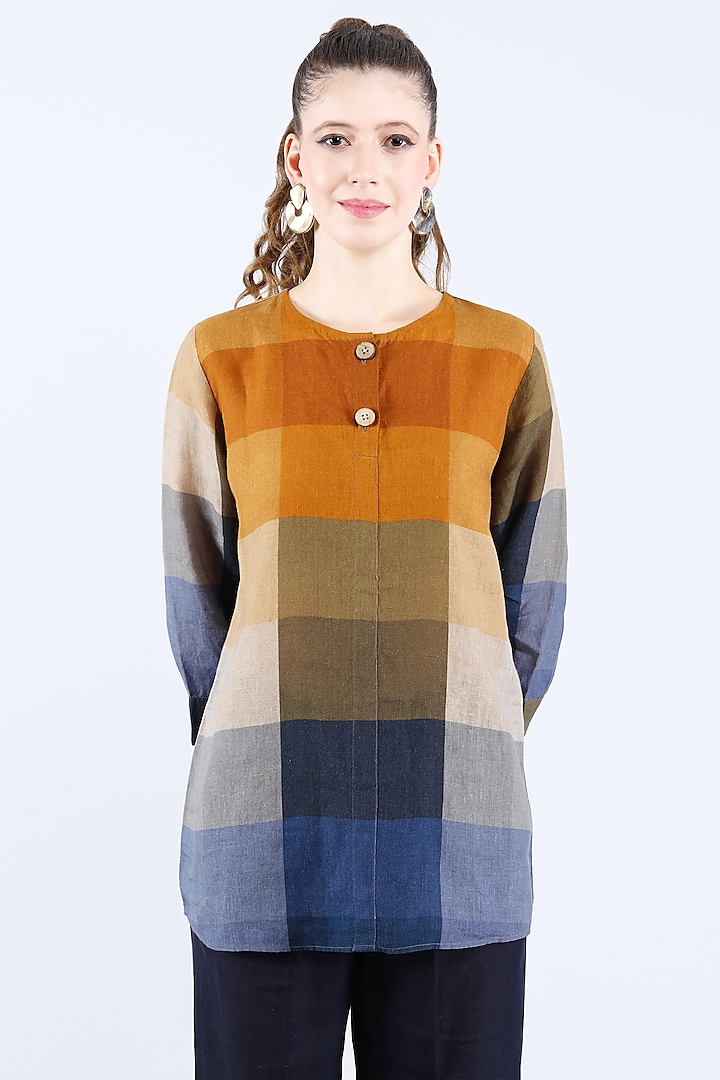 Multi-Colored Pure Linen Checkered Printed Tunic by Linen Bloom at Pernia's Pop Up Shop