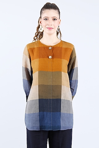 Multi-Colored Pure Linen Checkered Printed Tunic by Linen Bloom