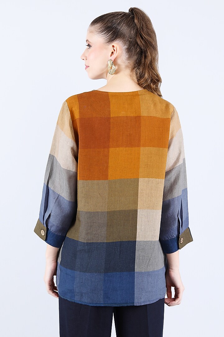 Multi-Colored Pure Linen Checkered Printed Tunic by Linen Bloom at Pernia's Pop Up Shop