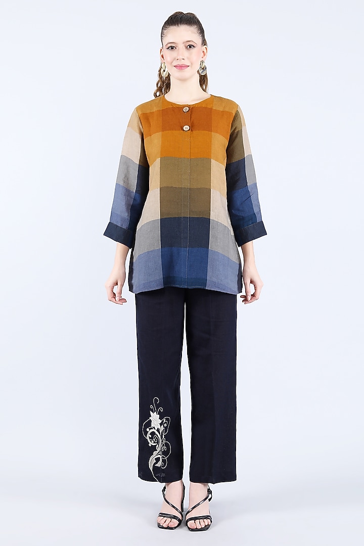 Multi-Colored Pure Linen Checkered Printed Tunic by Linen Bloom at Pernia's Pop Up Shop