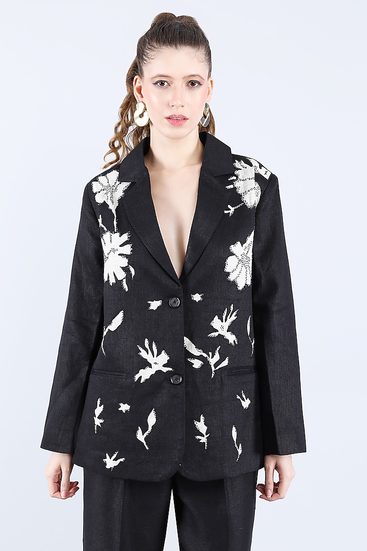 Black Pure Linen Applique & Bead Work Blazer by Linen Bloom at Pernia's Pop Up Shop