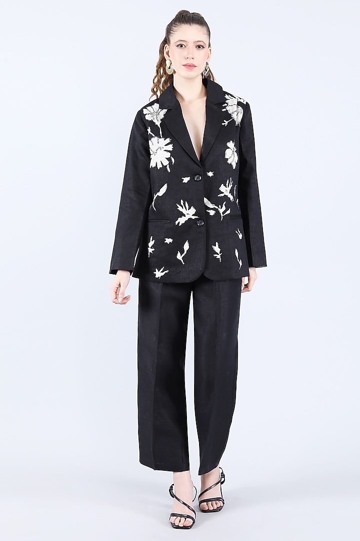 Black Pure Linen Applique & Bead Work Blazer by Linen Bloom at Pernia's Pop Up Shop