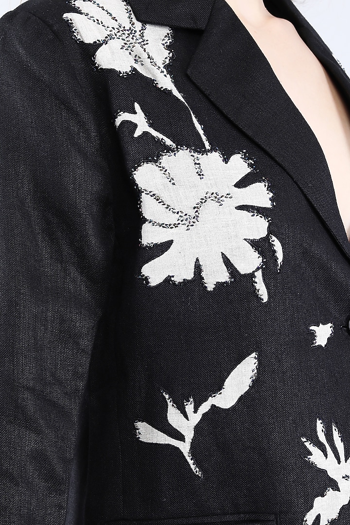 Black Pure Linen Applique & Bead Work Blazer by Linen Bloom at Pernia's Pop Up Shop