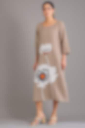 Khaki Linen Applique Embroidered Midi Vacation Dress by Linen Bloom at Pernia's Pop Up Shop