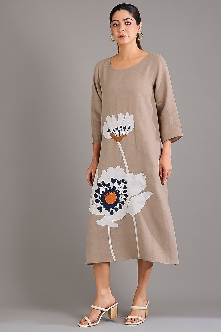 Khaki Linen Applique Embroidered Midi Vacation Dress by Linen Bloom at Pernia's Pop Up Shop
