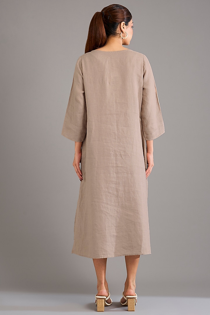 Khaki Linen Applique Embroidered Midi Vacation Dress by Linen Bloom at Pernia's Pop Up Shop