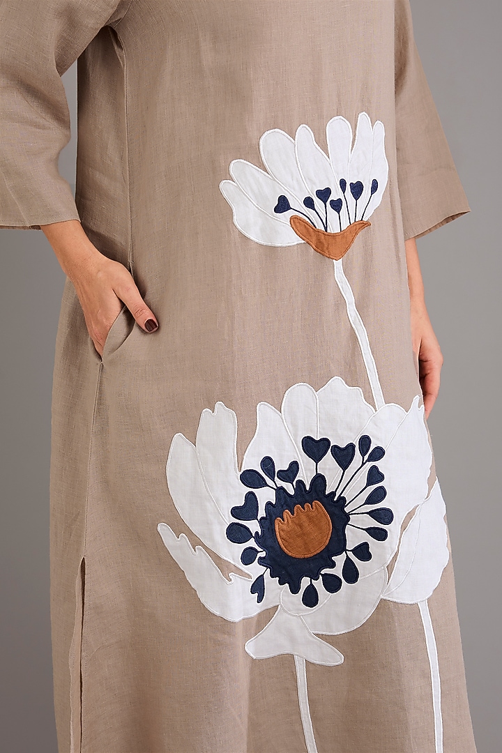 Khaki Linen Applique Embroidered Midi Vacation Dress by Linen Bloom at Pernia's Pop Up Shop