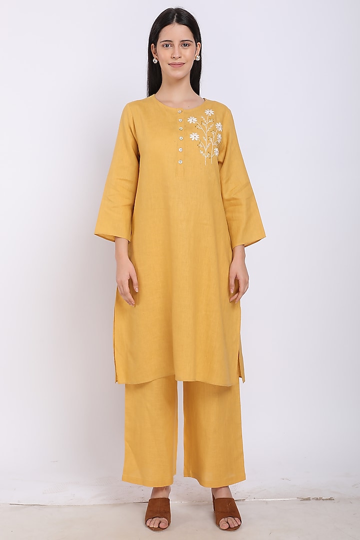 Ochre Hand Embroidered Tunic by Linen Bloom