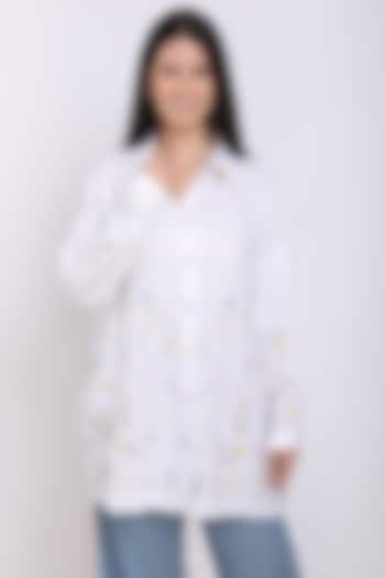White Hand Embroidered Oversize Shirt by Linen Bloom